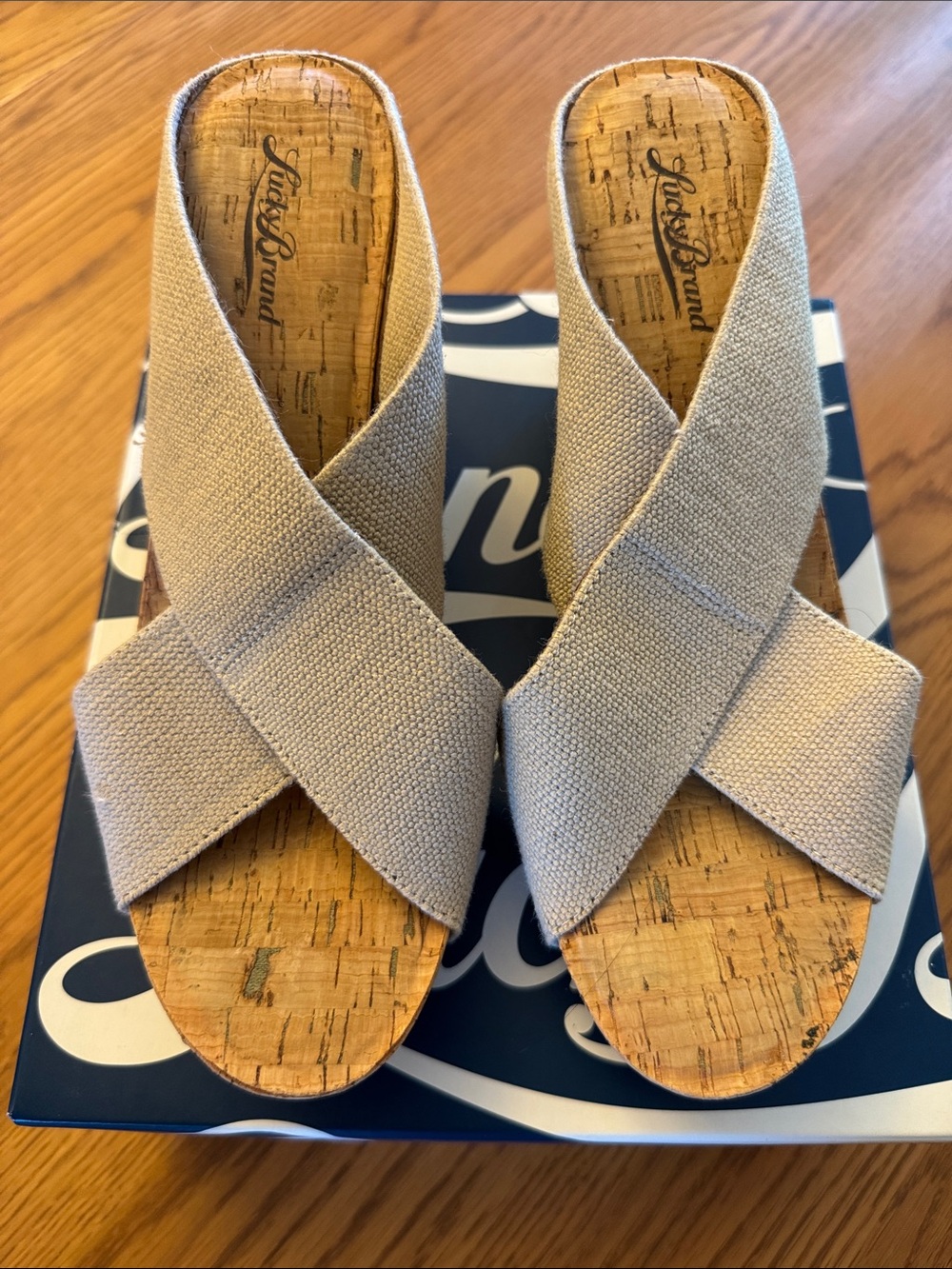 Lucky Brand Beige Crisscross Cork Wedge Sandals - Picture 2 of 5
